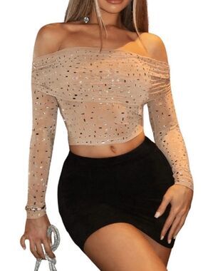 SweatyRocks Off Shoulder Rhinestone Crop Top Beige Size L
